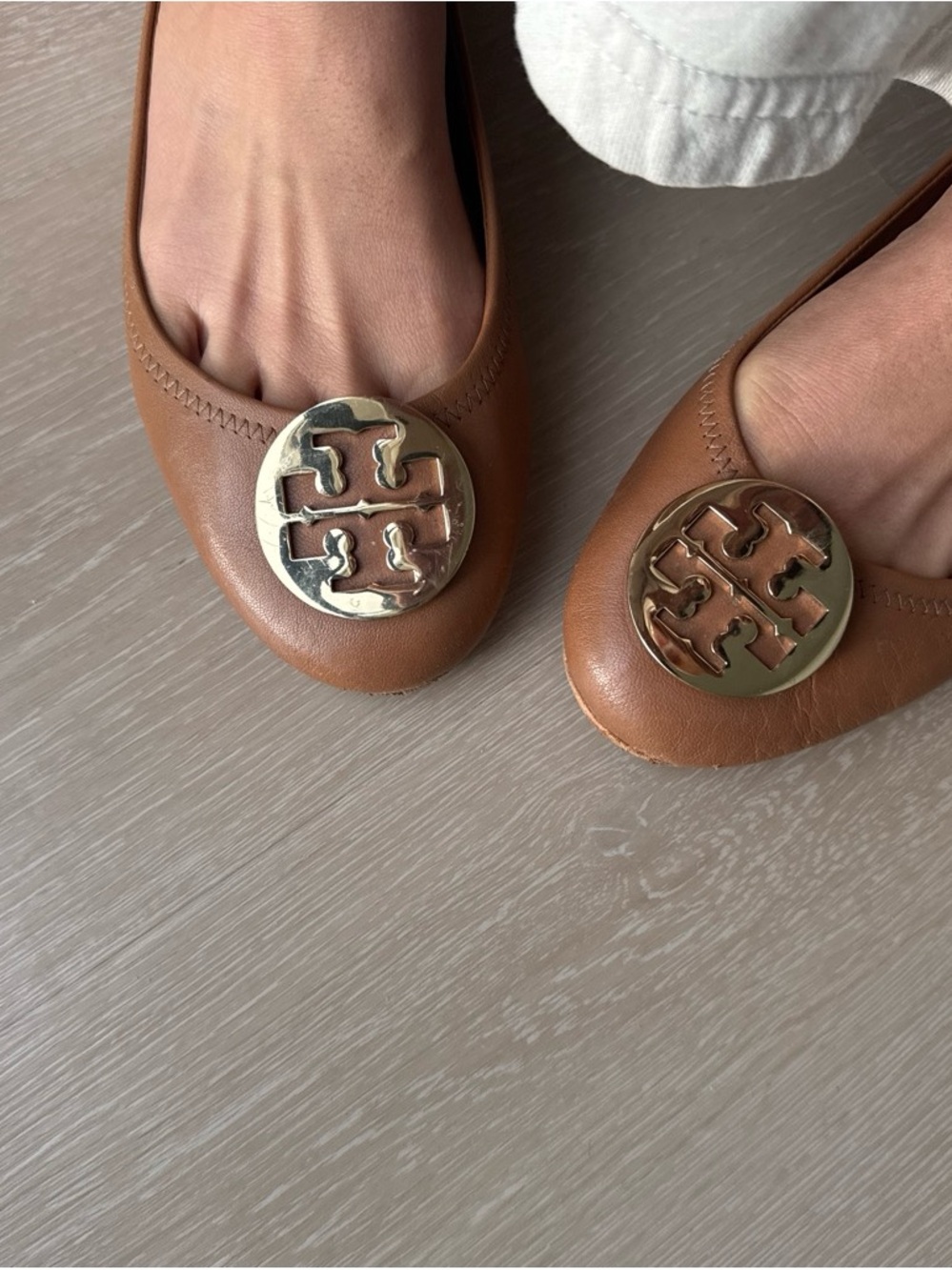 Tory Burch Tan Leather Logo Ballet Flats with Gold Emblem